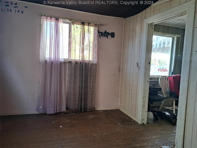 spare room featuring a wealth of natural light, wood walls, and dark hardwood / wood-style floors