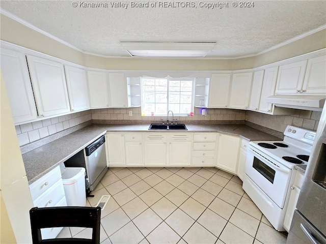 kitchen with white range with electric stovetop, range hood, white cabinetry, sink, and stainless steel dishwasher