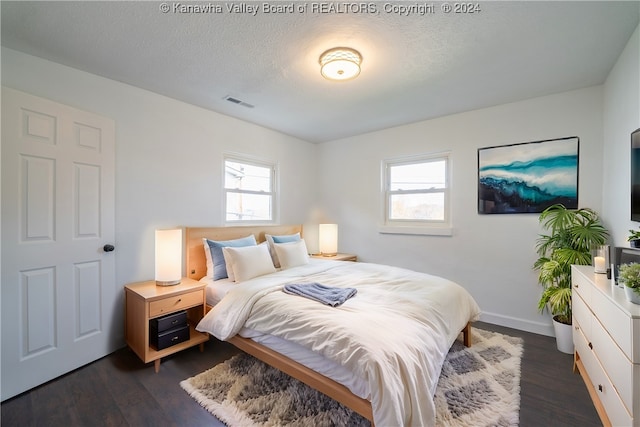 bedroom with multiple windows, a textured ceiling, and dark hardwood / wood-style flooring