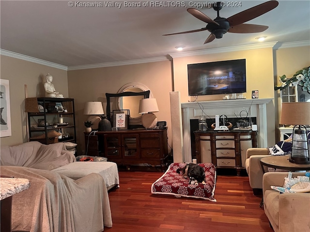 living room featuring crown molding, dark hardwood / wood-style flooring, and ceiling fan