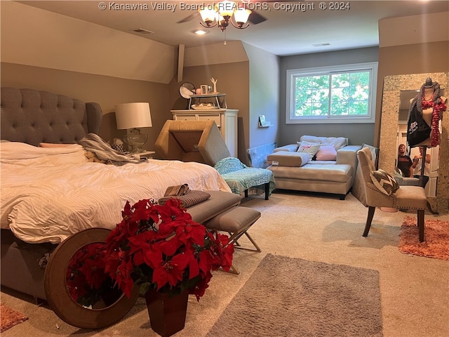 bedroom featuring carpet floors, ceiling fan, and lofted ceiling