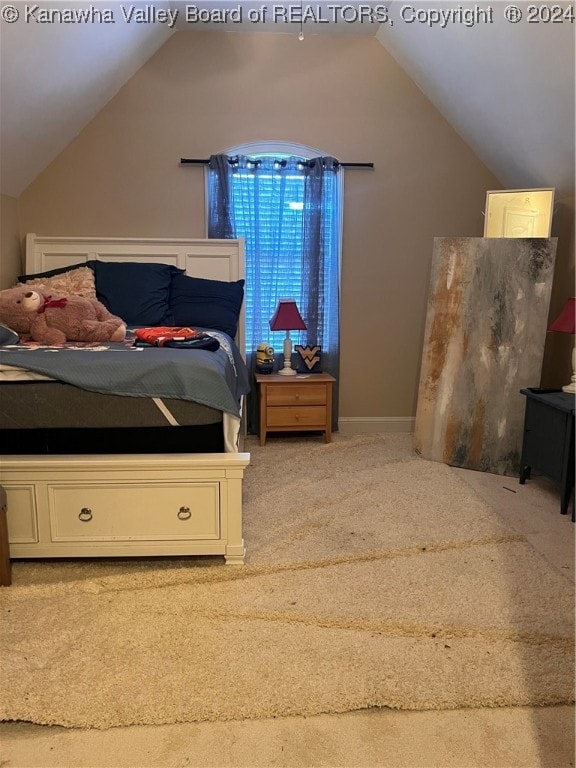 carpeted bedroom featuring vaulted ceiling