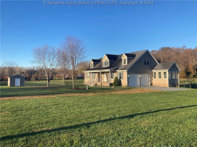 cape cod house with a front yard, a garage, and covered porch