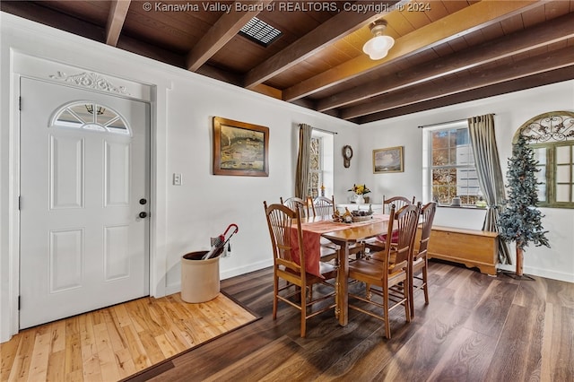 dining space with beamed ceiling, hardwood / wood-style flooring, and wooden ceiling