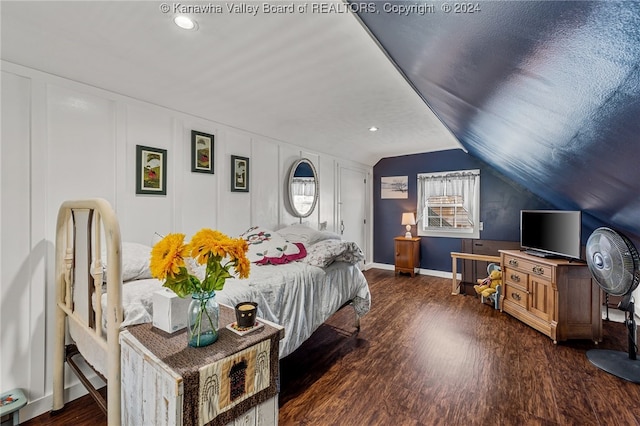 bedroom featuring lofted ceiling, dark wood-type flooring, and multiple windows