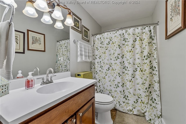 bathroom with vanity, curtained shower, and toilet