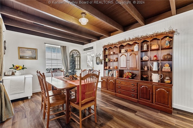 dining area featuring wood ceiling, wooden walls, beamed ceiling, and dark wood-type flooring