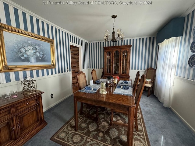 103 Central Ave, Logan, WV 25601 - carpeted dining area with wallpapered walls, wainscoting, a chandelier, and ornamental molding