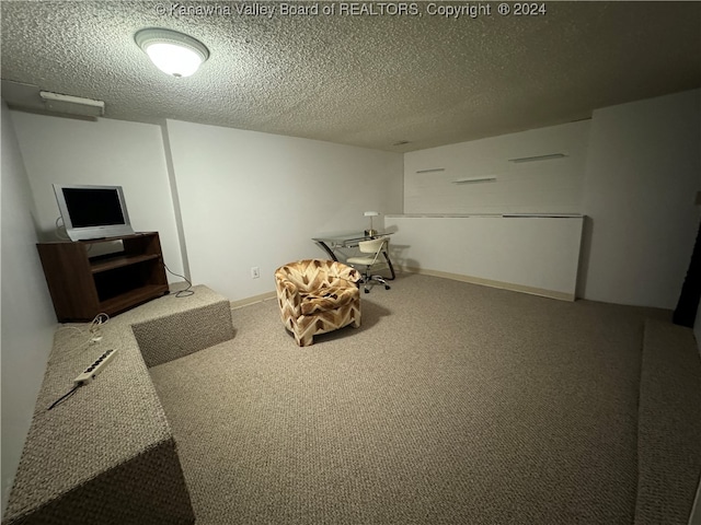 interior space featuring carpet flooring and a textured ceiling