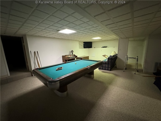 recreation room with carpet, a drop ceiling, and pool table