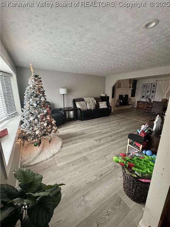 living room featuring wood-type flooring and a textured ceiling