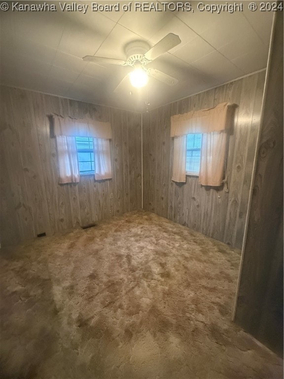 basement featuring ceiling fan, plenty of natural light, and carpet floors