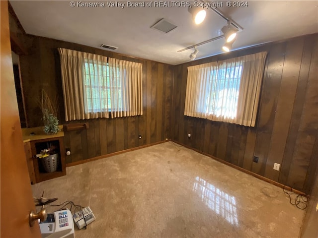 spare room featuring track lighting and wooden walls