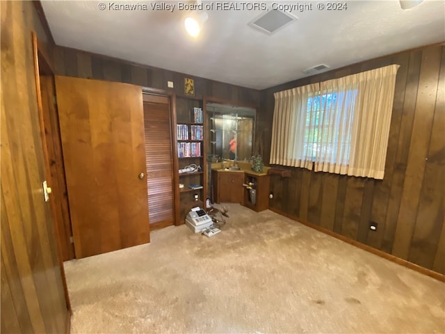 unfurnished office featuring carpet flooring, wooden walls, and sink