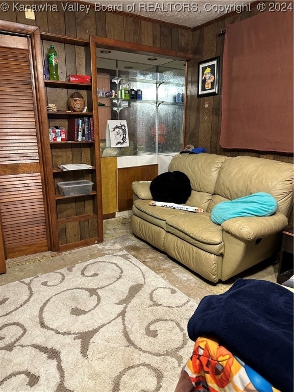 living room featuring wooden walls