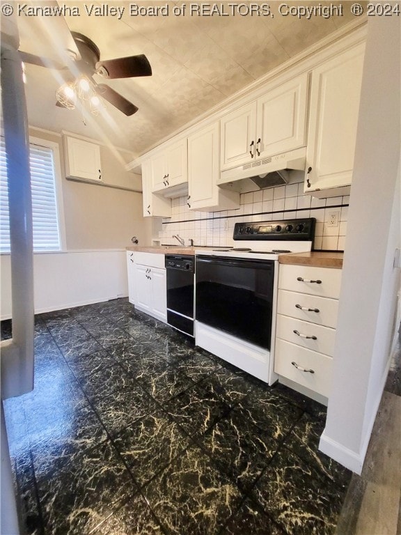 kitchen with backsplash, white range with electric cooktop, white cabinetry, and black dishwasher