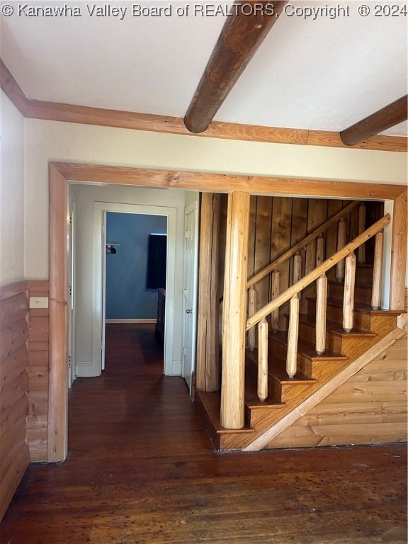 interior space featuring wooden walls and dark hardwood / wood-style floors