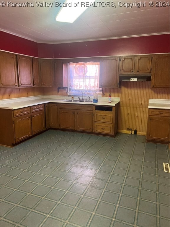 kitchen with crown molding and sink