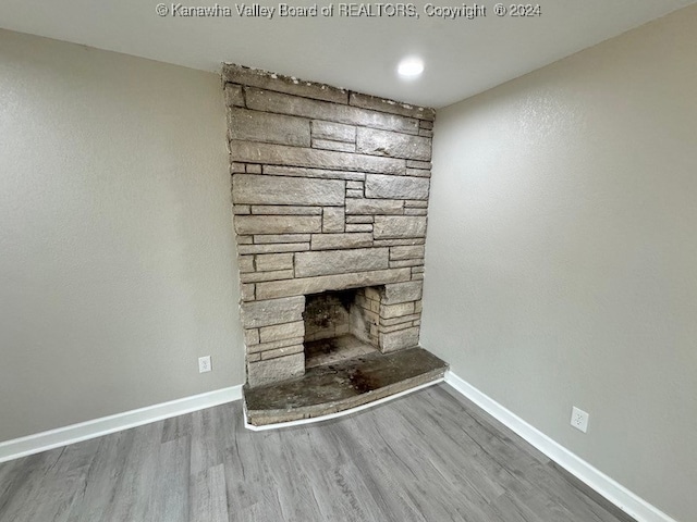 room details featuring a stone fireplace and hardwood / wood-style flooring