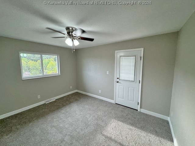 spare room with carpet, ceiling fan, and a textured ceiling