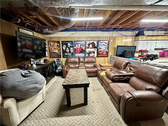 home theater room with wood walls