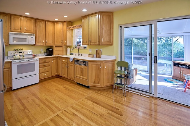 kitchen featuring light wood-type flooring, white appliances, and sink