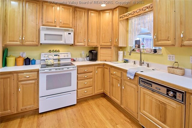 kitchen with light hardwood / wood-style flooring, white appliances, and sink