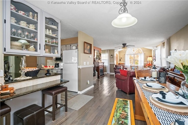 20 Poplar Hls, Hurricane, WV 25526 - kitchen featuring freestanding refrigerator, ceiling fan, glass insert cabinets, dark wood finished floors, and stainless steel microwave
