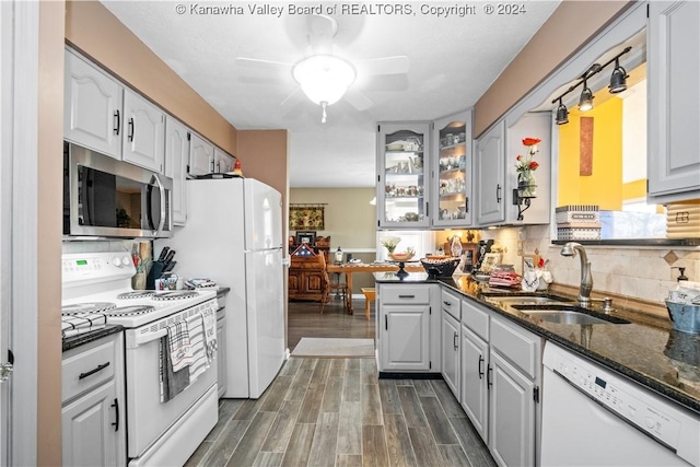 20 Poplar Hls, Hurricane, WV 25526 - kitchen with white appliances, ceiling fan, dark wood-type flooring, glass insert cabinets, and dark stone counters