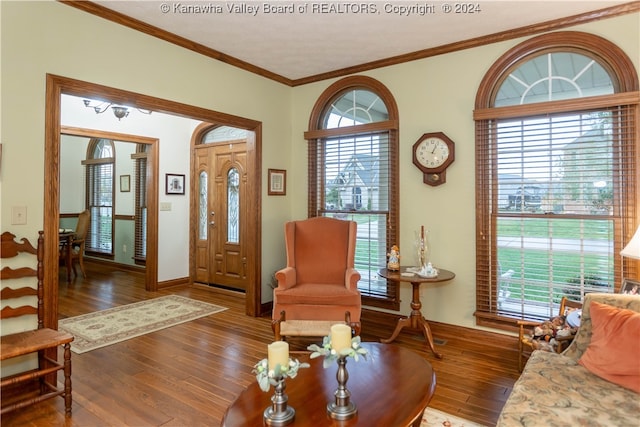 entryway featuring hardwood / wood-style floors, a healthy amount of sunlight, and ornamental molding