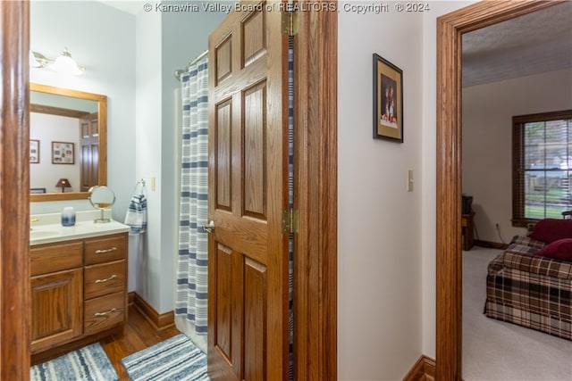 bathroom featuring vanity and wood-type flooring