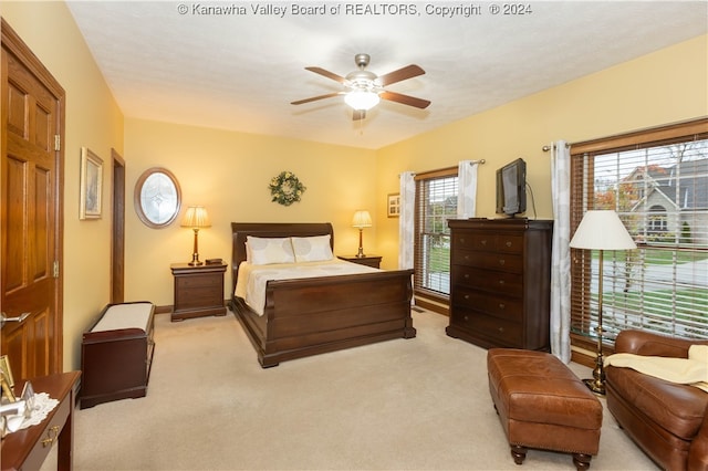 carpeted bedroom with ceiling fan and multiple windows