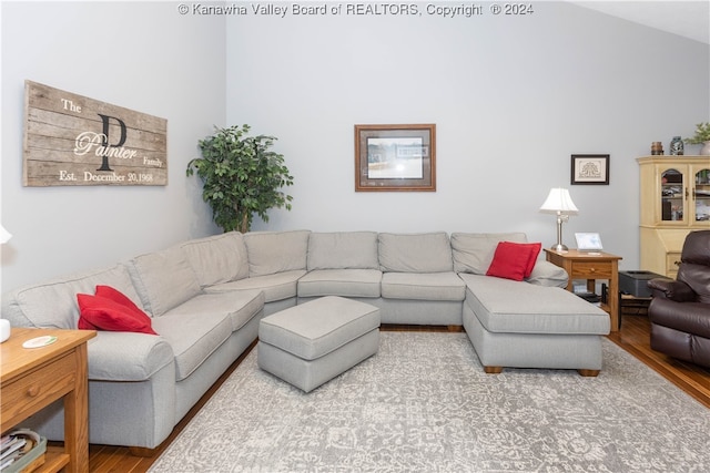 living room featuring hardwood / wood-style flooring and vaulted ceiling