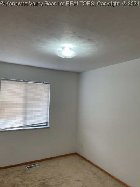 carpeted empty room with a textured ceiling