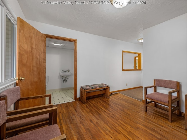 living area with sink, a textured ceiling, and hardwood / wood-style flooring