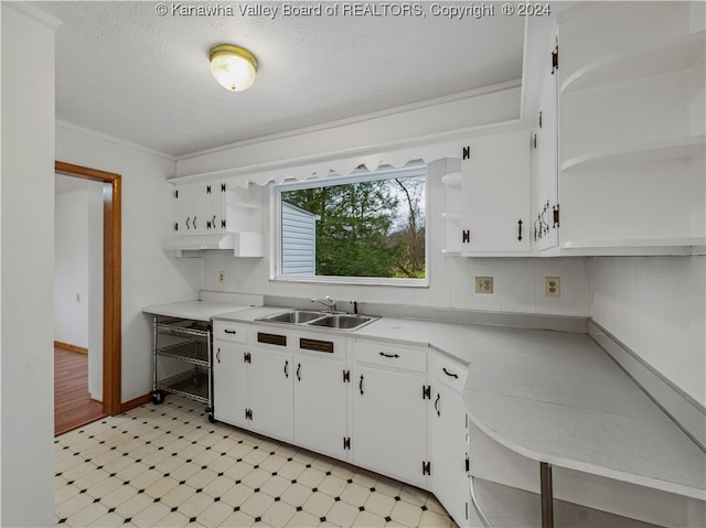 kitchen featuring a textured ceiling, white cabinetry, sink, and ornamental molding