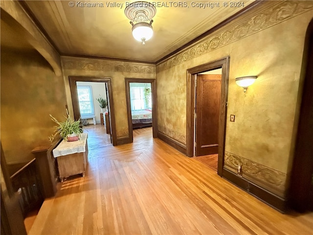 hallway featuring crown molding and light hardwood / wood-style floors