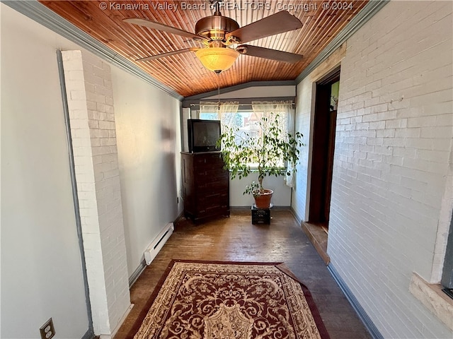 corridor featuring baseboard heating, wood ceiling, vaulted ceiling, and ornamental molding