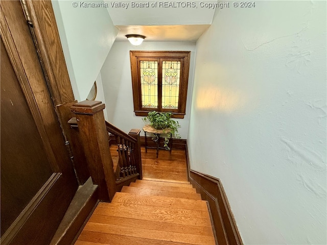 stairway featuring wood-type flooring