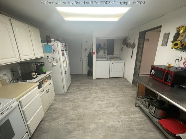 kitchen with white cabinets, independent washer and dryer, stove, and white fridge with ice dispenser