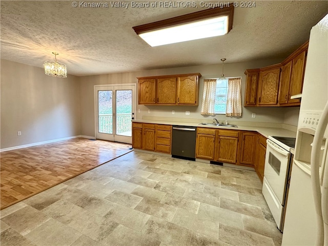 kitchen featuring dishwasher, light hardwood / wood-style floors, white electric stove, and hanging light fixtures