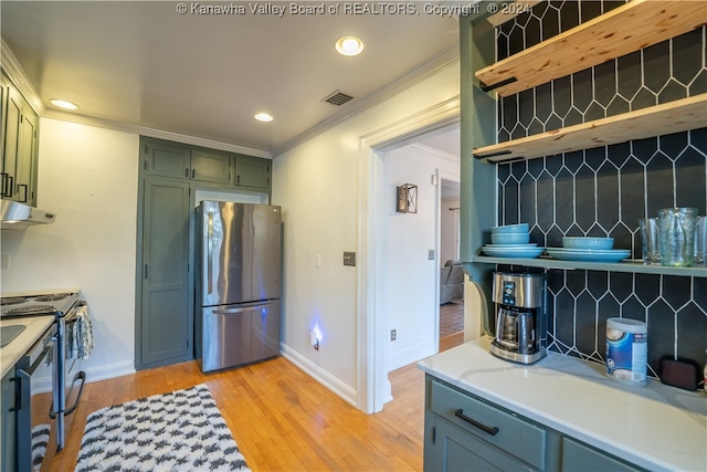 kitchen featuring backsplash, ornamental molding, stainless steel appliances, and light hardwood / wood-style floors