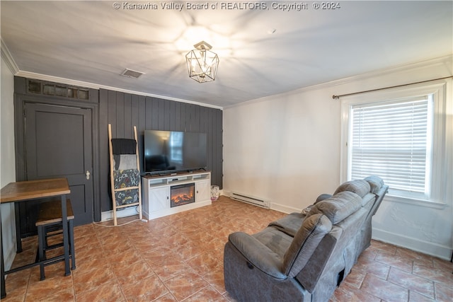 living room with a baseboard radiator and ornamental molding