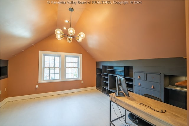 carpeted home office with lofted ceiling and a notable chandelier