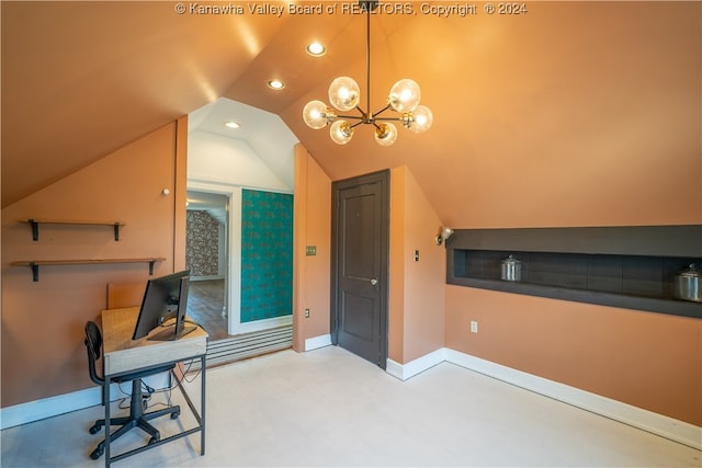 office area featuring lofted ceiling and a notable chandelier