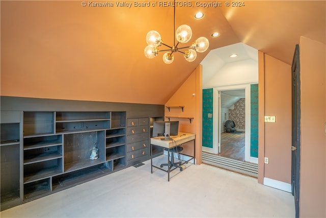 office with an inviting chandelier and vaulted ceiling