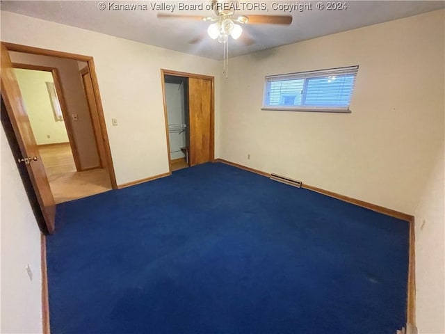 unfurnished bedroom with carpet, a closet, and ceiling fan