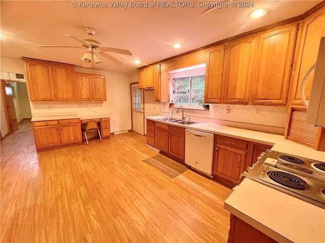 kitchen featuring white appliances, sink, ceiling fan, decorative backsplash, and light hardwood / wood-style floors