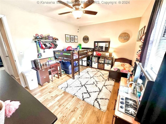 office space with hardwood / wood-style flooring and ceiling fan