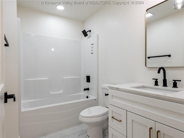 full bathroom with vanity, toilet, and bathing tub / shower combination